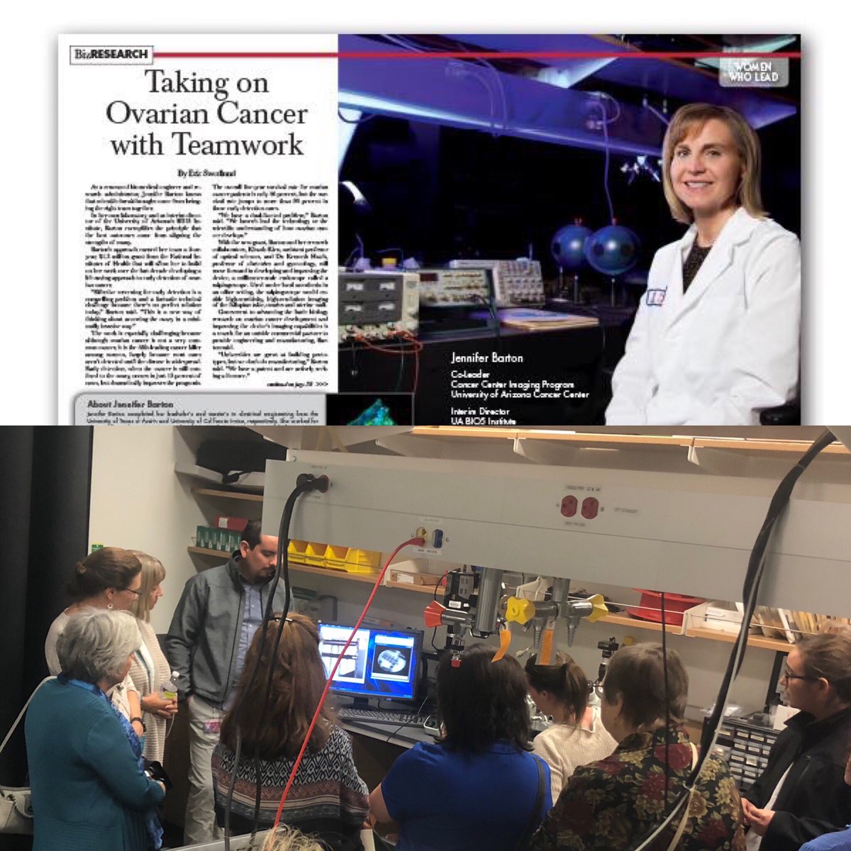 NOCC_Tucson's tweet photo. Thx to Dr. Jennifer Barton &amp; her gifted lab crew for an incredible tour &amp; overview of their research on an ovarian cancer screening tool yesterday.  NOCC Tucson extends their grateful hearts to the time shared with our survivors and caregivers.  #knowovarian #nocc #drbartonrocks https://t.co/fHFlv5d5ad