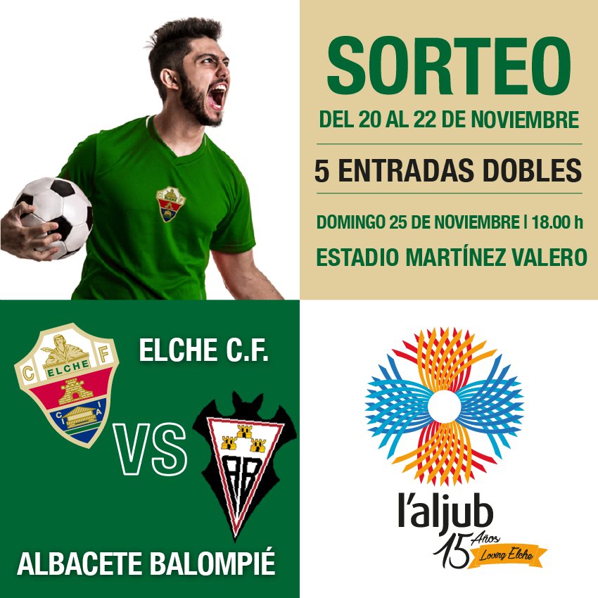 laljub's tweet photo. ¡Vive el @elchecfoficial 🆚 Albacete Balompié de este domingo GRATIS! Sorteamos ⚽ 5 ENTRADAS DOBLES ⚽ #MuchoElche 💚
¿Quieres ganar?
1⃣ Sigue a @laljub en Twitter
2⃣ Haz RT 🔃 de este tuit

‼ Fin del sorteo el 22/11/2018 a las 11h
⚠ Lee bases legales > https://t.co/sEdwJRQM4A https://t.co/8RyL213yp4