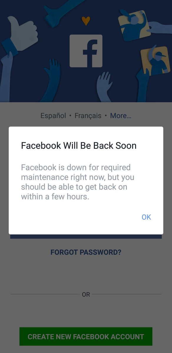 samhedlund's tweet photo. Whoa, #Facebook says it may be down again, for a few *hours*? #Facebookdown https://t.co/LR8ru5xjAV