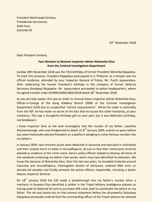 ceylonmuslim's tweet photo. The late #SundayLeader Editor #Lasantha Wickrematunge’s daughter, Ahimsa in a letter to President @MaithripalaS over the removal of Inspector Adrian Nishantha Silva from the Criminal Investigation Department has said "Make no mistake, Mr. President.#lka #Srilanka #HeadingToday https://t.co/PoWUB4NgZP