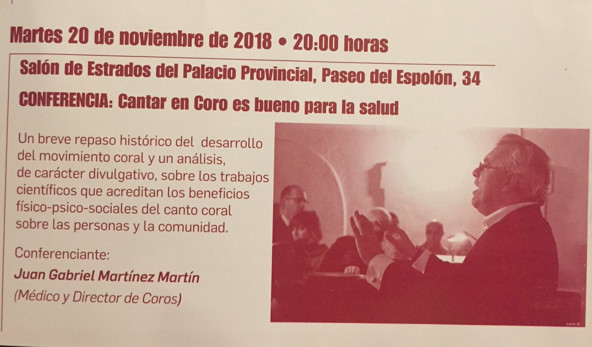 Orfeón Burgalés (@orfeonburgales) on Twitter photo Hoy desde el <a href="/OrfeonBurgales/">Orfeón Burgalés</a> os proponemos una interesante conferencia “CANTAR EN CORO ES BUENO PARA LA SALUD” a cargo de <a href="/juangabriel1963/">Juan Gabriel</a> Salón de Estrados de la Diputación Provincial a las 20h. Os esperamos #cantar #salud #beneficiosdecantar Hoy desde el <a href="/OrfeonBurgales/">Orfeón Burgalés</a> os proponemos una interesante conferencia “CANTAR EN CORO ES BUENO PARA LA SALUD” a cargo de <a href="/juangabriel1963/">Juan Gabriel</a> Salón de Estrados de la Diputación Provincial a las 20h. Os esperamos #cantar #salud #beneficiosdecantar
