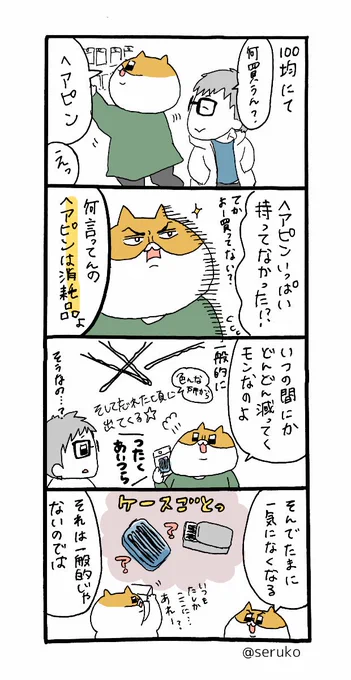 今日の4コマ

男性には驚かれることも多いんですが、ヘアピンはめっちゃ消耗品です。
んえ？私だけじゃないよね？？？ 