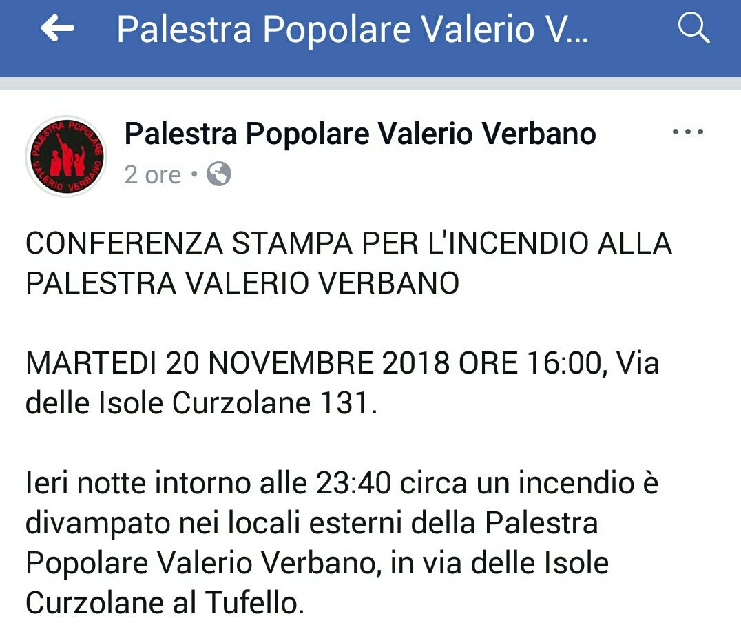 #PALESTRAPopolare #ValerioVerbano
**CONFERENZA STAMPA***
Oggi, Ore 16.00, via delle Isole Curzolane 131 

Lo #sportpopolare resiste! 
Lo #sportpopolare non si tocca! 

m.facebook.com/story.php?stor…