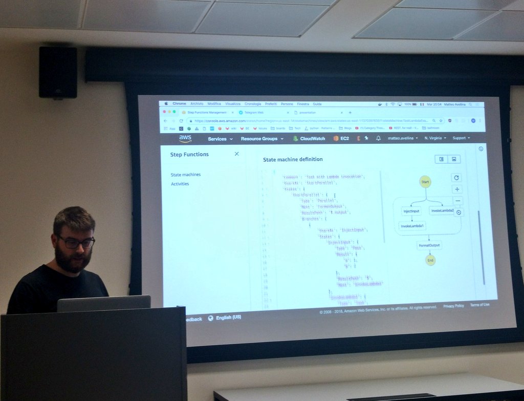 matteo_zuccon's tweet image. Sviluppo di un bot Telegram con AWS Step Functions /cc @igeniusai @awscloud #serverlessmeetup #awsmeetup #awsug