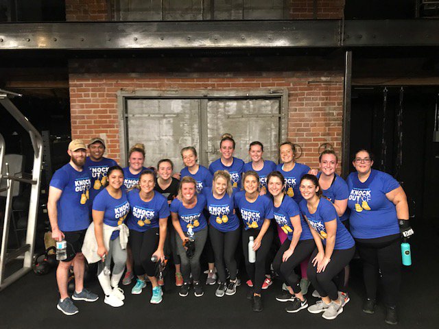 VertexPharma's tweet photo. Check out #TeamVertex at the 4th annual @CFLifestyle KnockOut CF fundraiser! We worked out at @everybodyfights in #Boston for a great causeโto raise awareness for people with #cysticfibrosis. #CFLF https://t.co/XARMValtBF