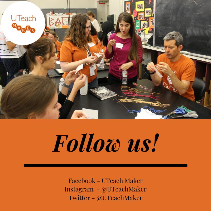 UTeachMaker's tweet image. Hey y'all! UTeach Maker has been up to some incredible things and we don't want you to miss out on any of the fun! Make sure you follow all of our social media platforms and use the hashtag #UTeachMaker to stay in-the-know about UTeach Maker