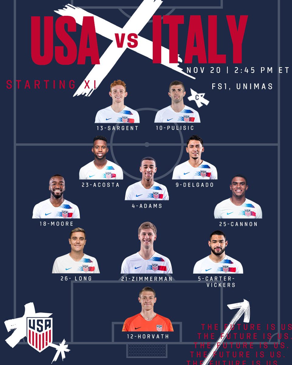 USMNT's tweet image. Average age: 22 years and 71 days.

Today's #USMNT XI vs. 🇮🇹 is the youngest in the modern era. » ussoc.cr/xi3