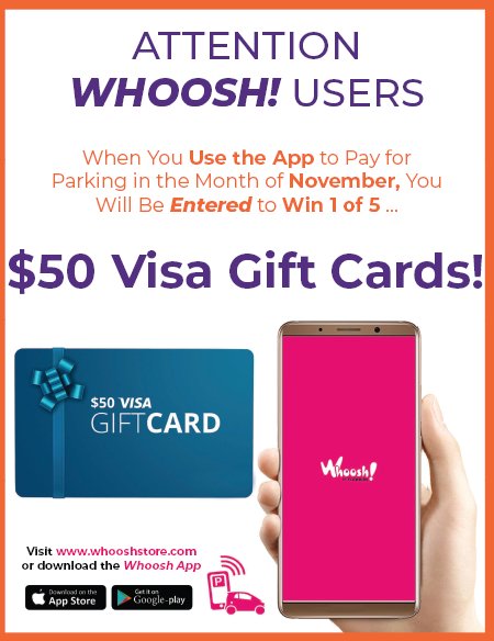WhooshUSA's tweet photo. @clemson_parking Don't forget! If you use the Whoosh! app at least once to pay for your parking in the month of November you will be entered to win 1 of 5 $50 gift cards! #Clemson #mobilepayments #goodluck https://t.co/lXFkn1U6Ks