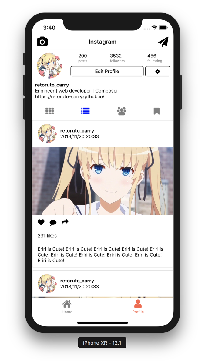 Youtubeの動画のサンプルの写経終わった〜〜〜 UIだけだけど、割と頑張った #5 Instagram UI Profile Tab ...