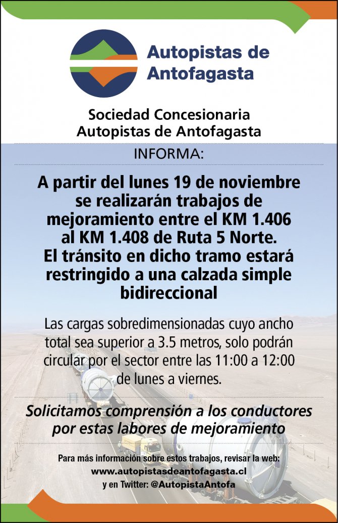 AutopistaAntofa's tweet photo. Atención: se están realizando trabajos de mejoramiento en el KM 1406 al KM 1408.
El tránsito en dicha calzada estará restingido a una calzada simple bidireccional.  🚘🚧🚖
 #Precaución #Antofagasta https://t.co/4M67XxV2ci