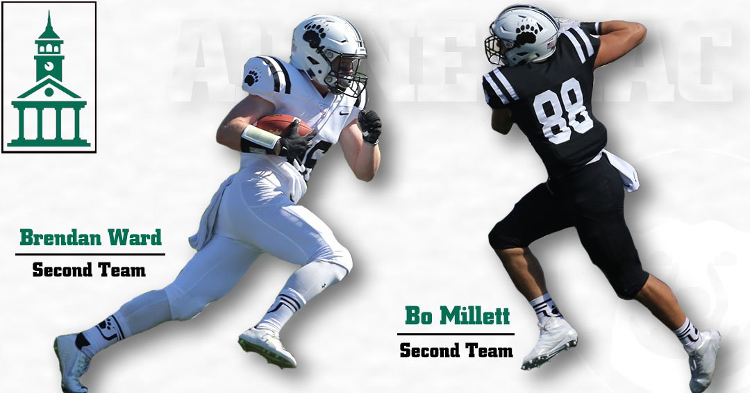 GoUBears's tweet image. Congratulations to the two All-@NESCAC performers from @BowdoinFB - kick returner Brendan Ward and tight end Bo Millett! #GoUBears