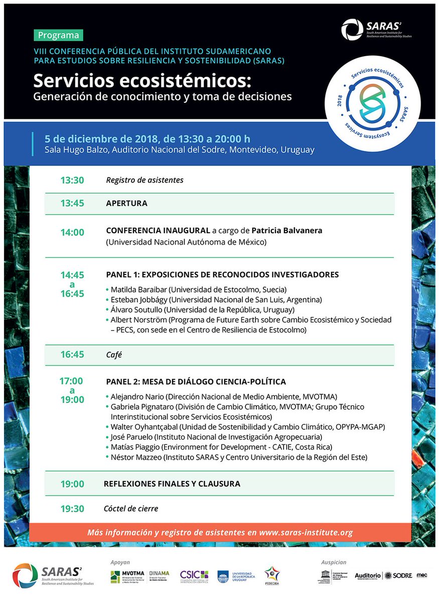 sarasinstitute's tweet photo. Compartimos el programa de la VIII Conferencia Pública SARAS 2018 "Servicios ecosistémicos: generación de conocimiento y toma de decisiones" del próximo 5 de diciembre en Montevideo. Inscripción gratuita hasta el 25 de noviembre en https://t.co/YLNLWFTKaz #saras2018 #conferencia https://t.co/Ha6d1xB59s