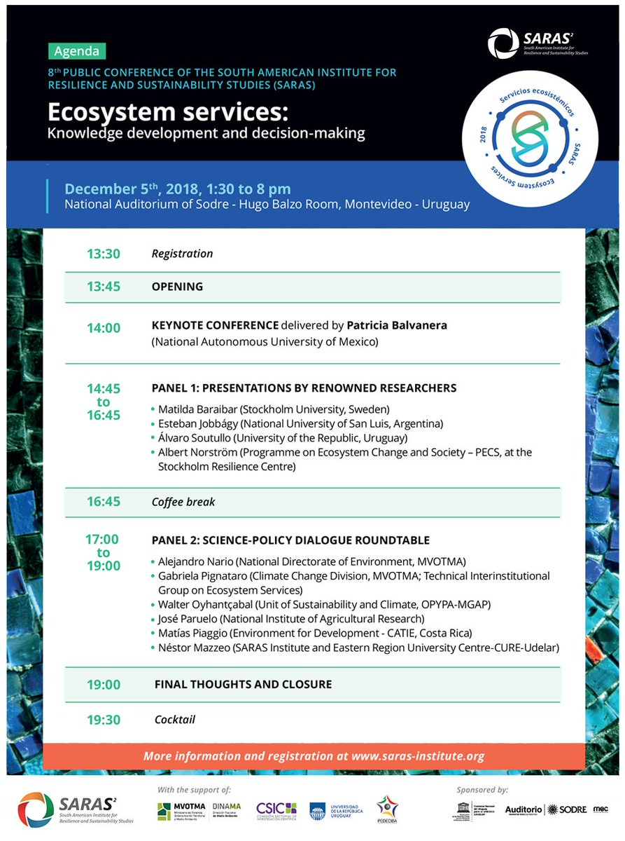 sarasinstitute's tweet photo. Here's the agenda for the 8th SARAS Public Conference 2018: "Ecosystem services: knowledge development and decision-making", taking place next December 5th in Montevideo. Register for free until November 25th at https://t.co/YLNLWFTKaz #saras2018 #conference #ecosystemservices https://t.co/GooImb4jb6