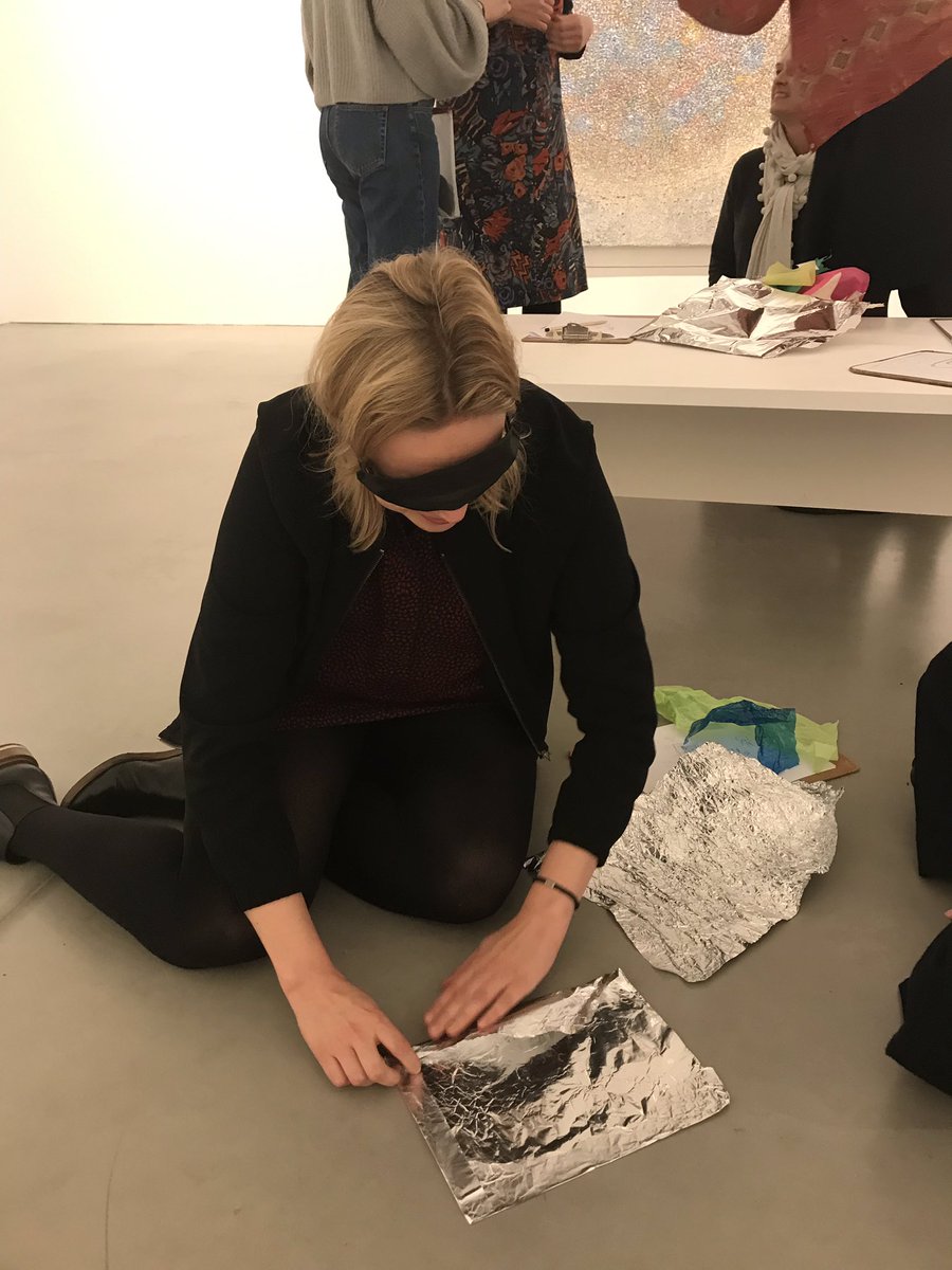 EmilyKathrynWar's tweet photo. Teachers blindfolded and creating in the galleries! You should hear the giggling! @kettlesyard #richardpousettedart https://t.co/3MVGBHn2c7