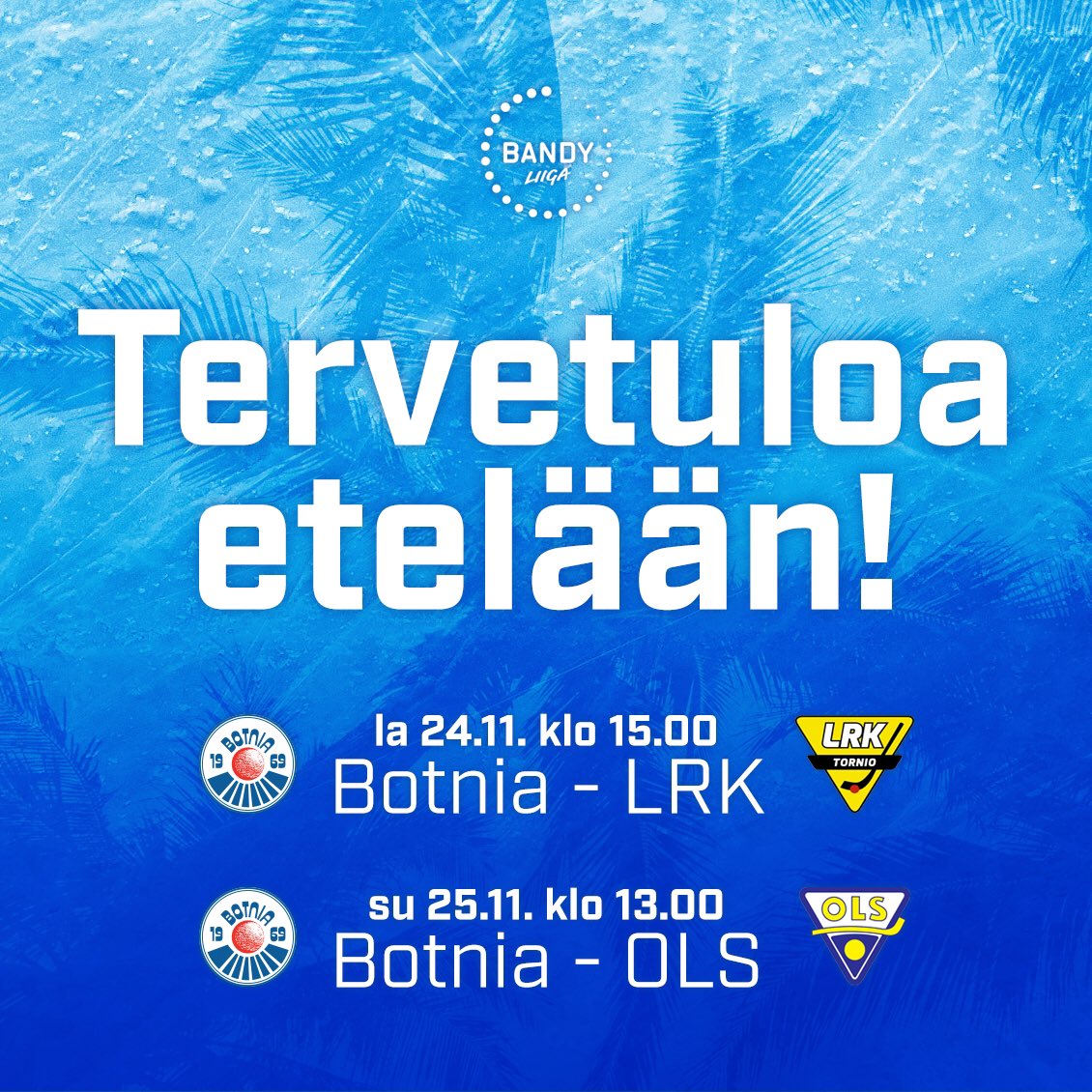 Tulevana viikonloppuna Botnia pelaa kauden ensimmäiset kotipelit, kun pohjoisen joukkueet LRK ja OLS saapuvat Ogeliin. Kaikki paikalle kannustamaan siniset voittoon! 💙👊 #botniabandy #rakaskotikyläoulunkylä #bandyliiga