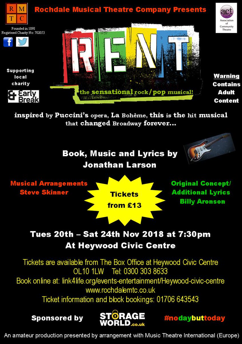 rochdalemusical's tweet photo. It’s opening night!!!! Tickets available on the door! Come and enjoy some theatre on this rainy day! @HeywoodCivic 20-24th Nov #Rent #Nodaybuttoday https://t.co/Auk396svz6