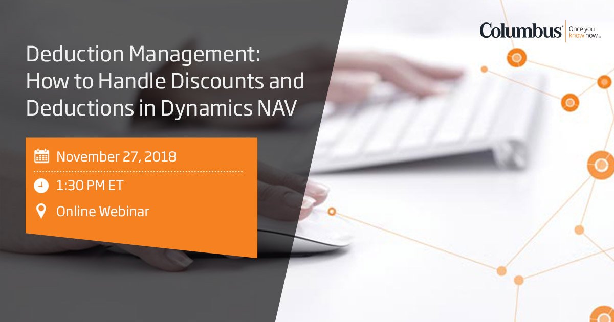 us_columbus's tweet photo. Register for our webinar to learn how our #DeductionManagement tool makes it easy for you to keep a handle on the multiple discounts and deductions your customers take. #MSDynNAV https://t.co/1jkiUcT2se https://t.co/e29qGY3ZCS