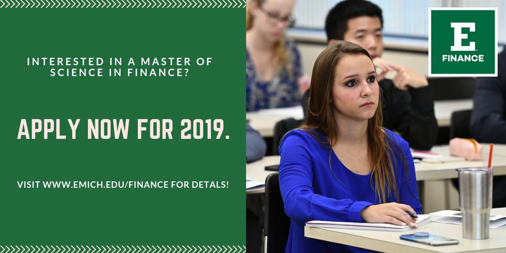 COBGrad's tweet photo. Advance your finance career by pursuing a Master of Science in Finance at the AACSB-accredited EMU College of Business. The program is designed with your success in mind. Apply now to beat the December 1 early admission deadline for Fall 2019! #EMUFINANCE #MSF #AACSB https://t.co/g2ZtQ6mUnh