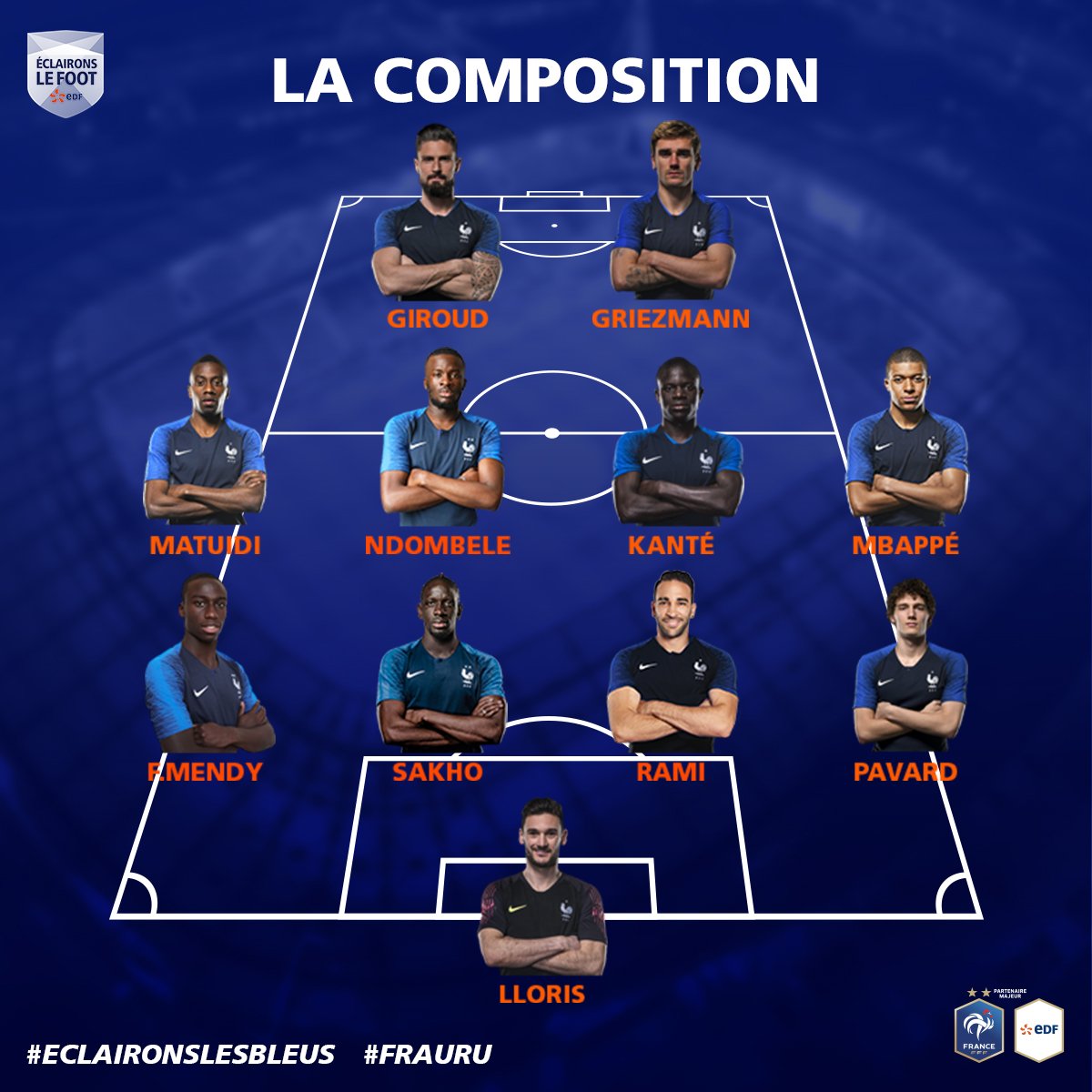 Voici les 11 Bleus qui vont débuter ce soir face à l'Uruguay ! Une charnière centrale que l'on n'avait plus vu depuis des années ! #EclaironsLesBleus #FRAURU