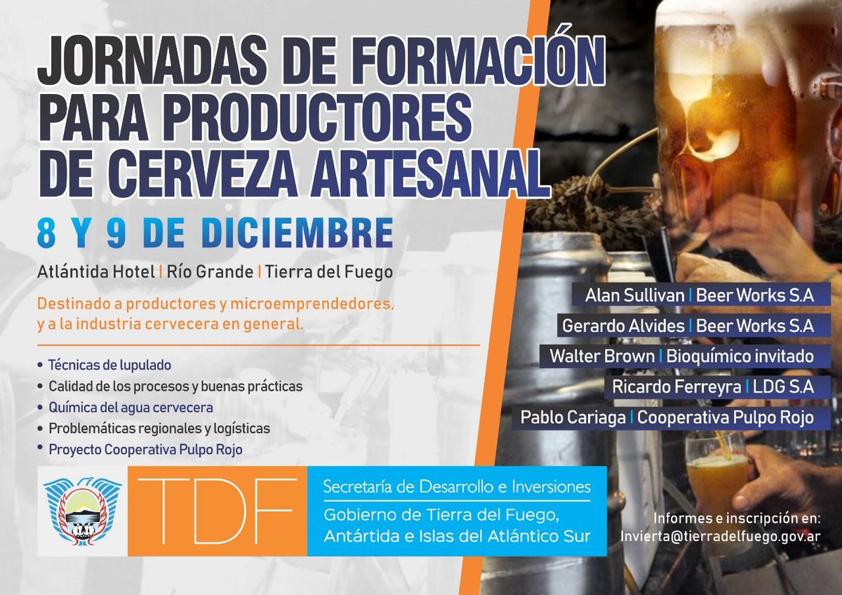 InvertirTDF's tweet photo. CAPACITACIÓN SOBRE PRODUCCIÓN DE CERVEZA ARTESANAL
Las jornadas se llevarán a cabo los días 8 y 9 de diciembre en el Hotel Atlántida de la ciudad de Río Grande. Para más información contáctenos en invierta@tierradelfuego.gov.ar
#InvertirTDF
@GobiernoTDF @RosanaBertone https://t.co/KXSrfDYOSm