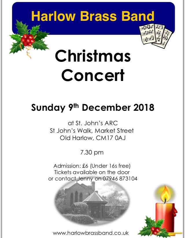 Please join us at our Christmas Concert- Sunday 9th December 7.30pm, St John’s ARC. Tickets available on the door - £6 (under 16s free) #harlow #brassband #music #bigupharlow