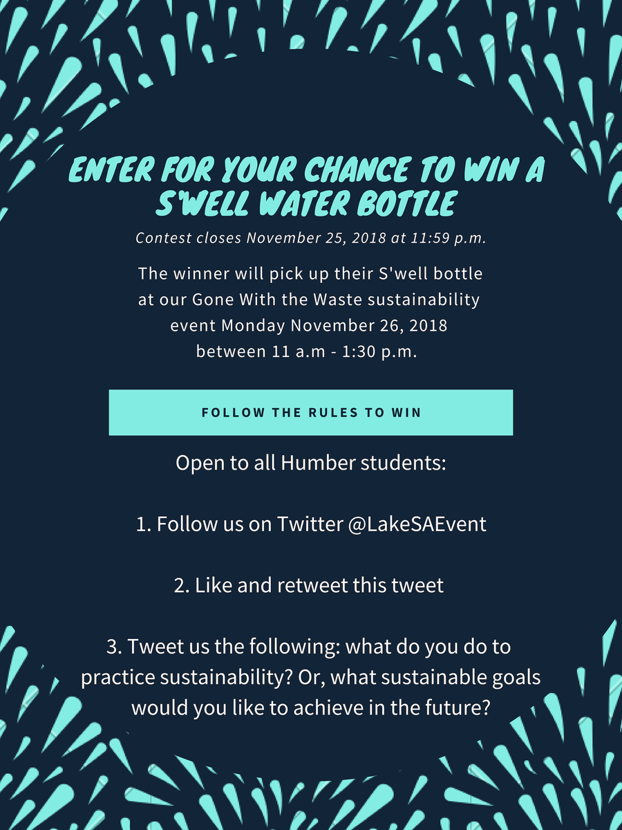 LakeSAEvent's tweet photo. 🚨 CONTEST TIME! Enter for your chance to win a @swellbottle water bottle! This contest is open to all @humbercollege and @HumberLakeshore students. Get tweeting and good luck! 
@SustainHumber #GoneWithTheWaste #hiff #HumberPR #HumberCollege #HumberSustainability https://t.co/kmhJTez6pi