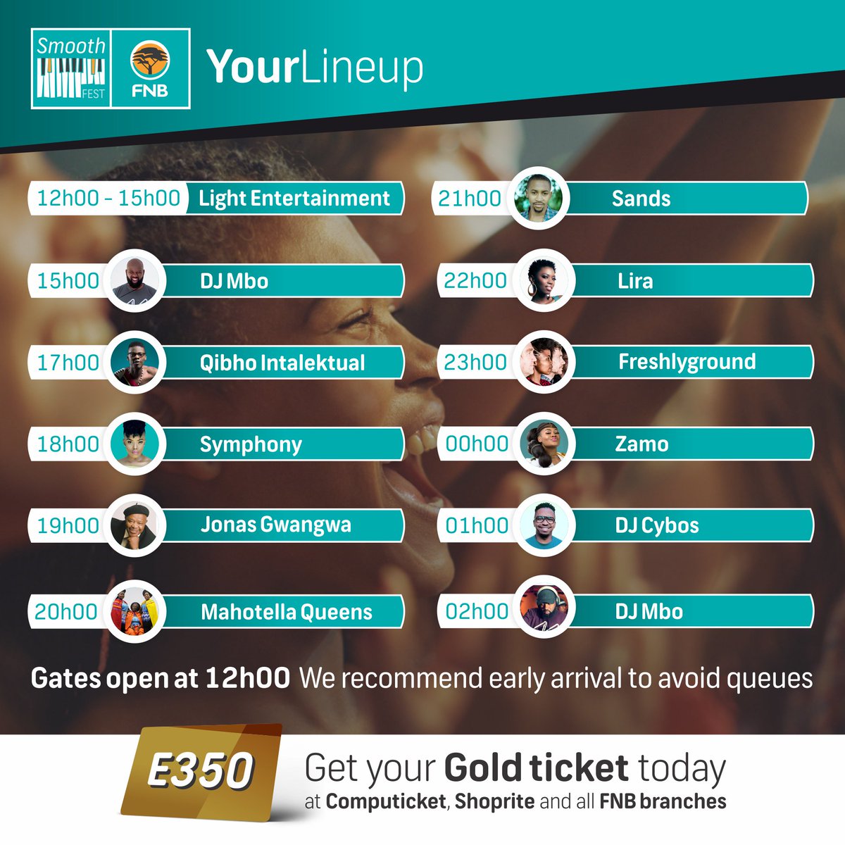 FNBSDSmoothFest's tweet photo. Your SmoothFest line-up. Gates open at 12pm. To beat the queues, we recommend early arrival. #SmoothFest2018 #AsambeKe https://t.co/gB8dbvbB1i