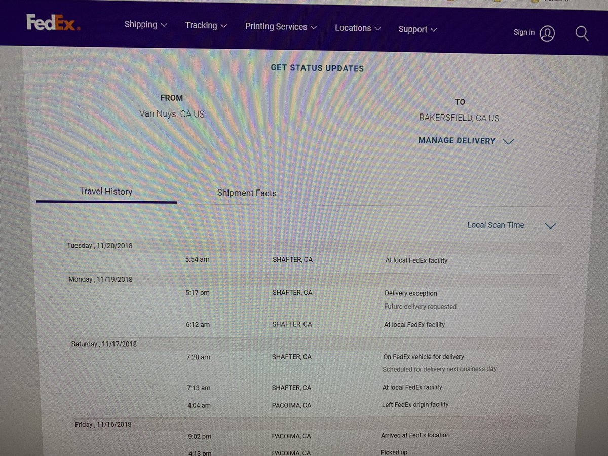 RaviAjitPatel's tweet photo. @FedEx I love how it takes you 5 days to transport a package 1.5 hours away and even still, you have to lie about a “request for future delivery” after being out for delivery for 11 hours because you can’t deliver on time. https://t.co/Q3mVT35oRz