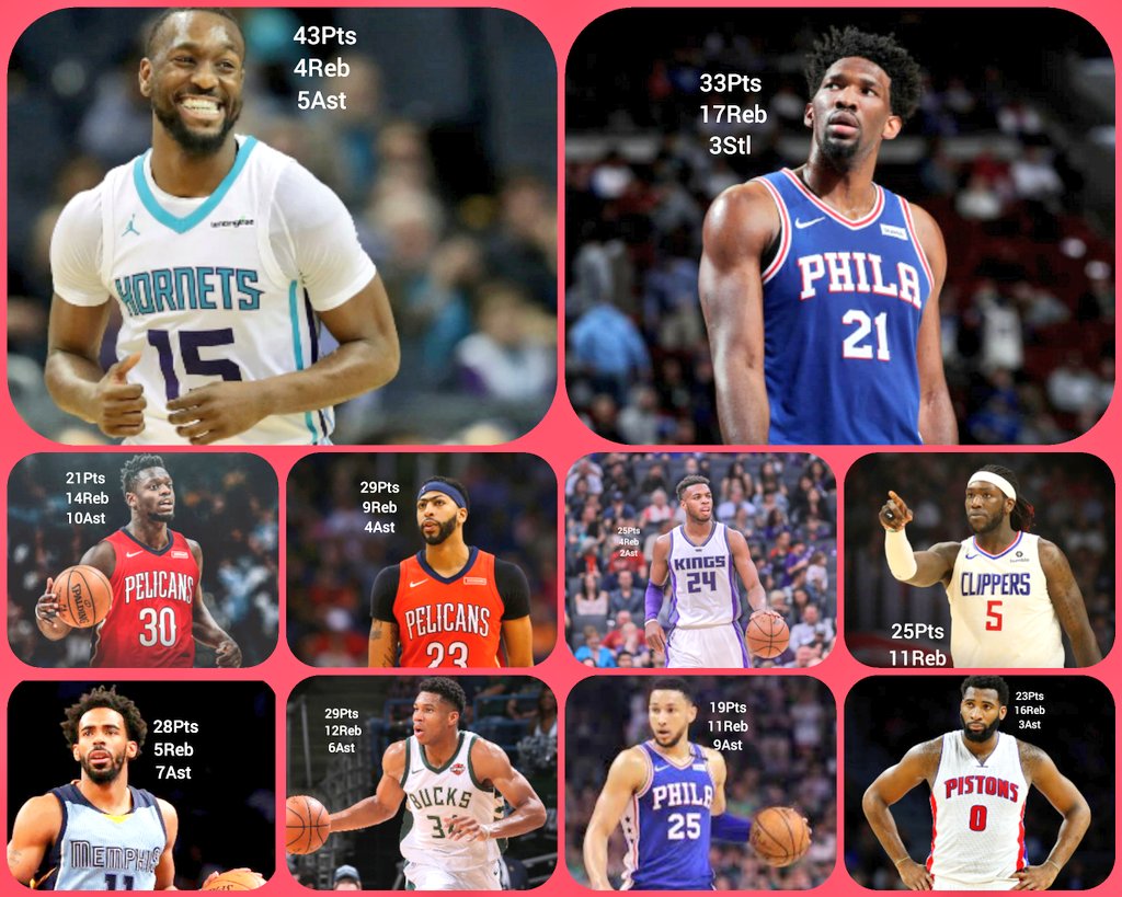 Junior2Martinez's tweet photo. Los dueños de la noche en la @NBA
#KWalker Hornets
#JEmbiid Phila
#JRandle Nola
#ADavis Nola
#BHield Kings
#BSimmons Phila
#ADrummond Pistons
#MHarrel LAC
#MConley Memphis
@amalgamacolores https://t.co/ZY5Xj12Cti