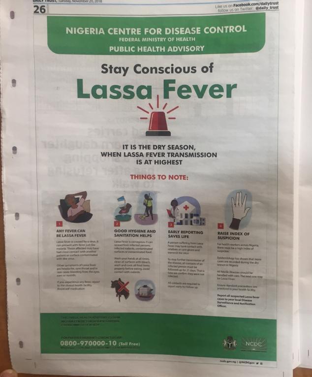 NCDCgov's tweet photo. It is the dry season in #Nigeria when #LassaFever transmission is at highest. Stay conscious of #LassaFever. Pick up a copy of @daily_trust publication for today for things to note to stay protected. https://t.co/dz5DUgNuBj