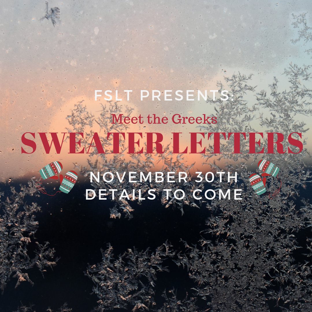 JWUPVDFSL's tweet photo. It's about that time wildcats! FSLT is welcoming everyone to pop out for Sweater Letters, our winter Meet the Greeks. Look out for more details to come and save the date, we hope to see everyone on November 30th! #meetthegreeks #gogreek #jwuprovidence 🎅❄️💙💛 https://t.co/NmoytDCuZI
