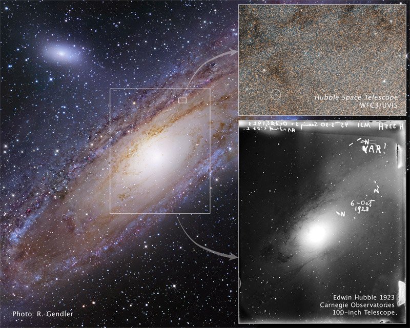 NASAHubble's tweet photo. #HappyBirthday to astronomer Edwin Hubble, the space telescope's namesake. This #HubbleClassic goes way back to a variable star Dr. Hubble discovered in the "Andromeda Nebula" 95 years ago. This star (VAR!) proved that Andromeda is actually another galaxy: https://t.co/SGedN0fh3F https://t.co/XKVPYmzXXW
