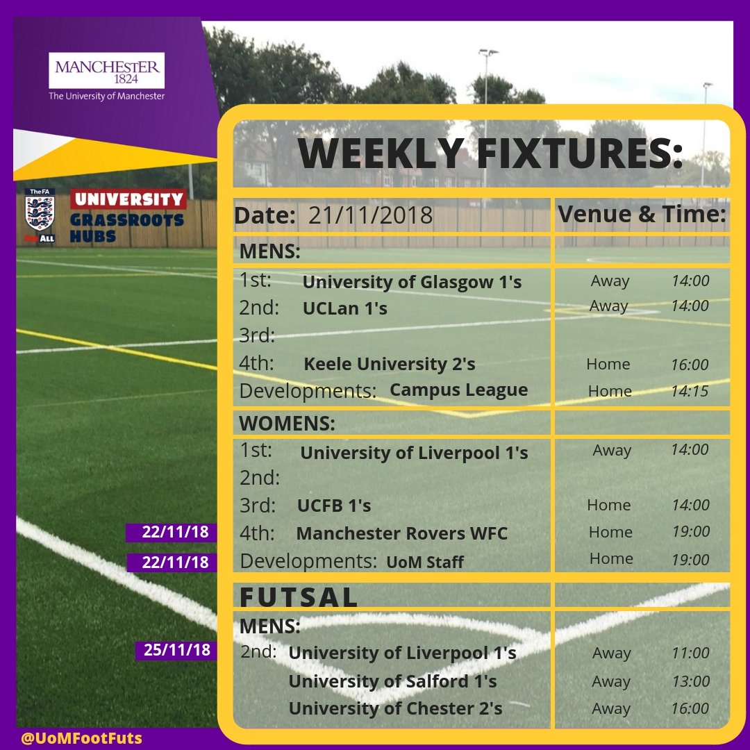 uomwfc's tweet photo. Weekly fixtures!!! Go support our men and women, we have a few home games!
#BUCSLeague #weeklyfixtures #football #campusleague https://t.co/z8rnJKmsca