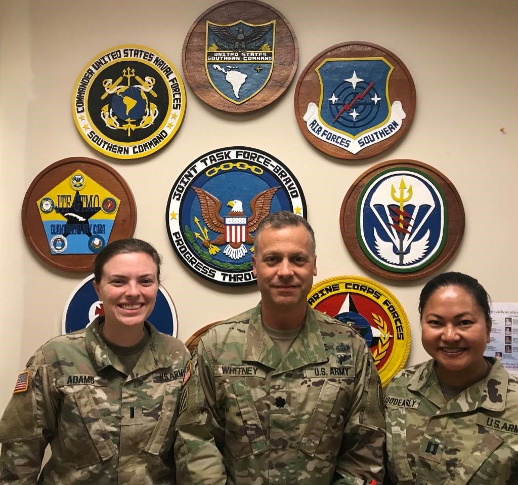 scualumni's tweet photo. It’s a small Bronco world! While serving at Joint Task Force-Bravo in Honduras this past year, THREE #SCUalumni found each other. Left to right: First Lieutenant Marie Adams '14, Lieutenant Colonel John Whitney '98, Captain Isah Goodearly '98. #Howcoolisthat? https://t.co/7V5Wk9e5c1