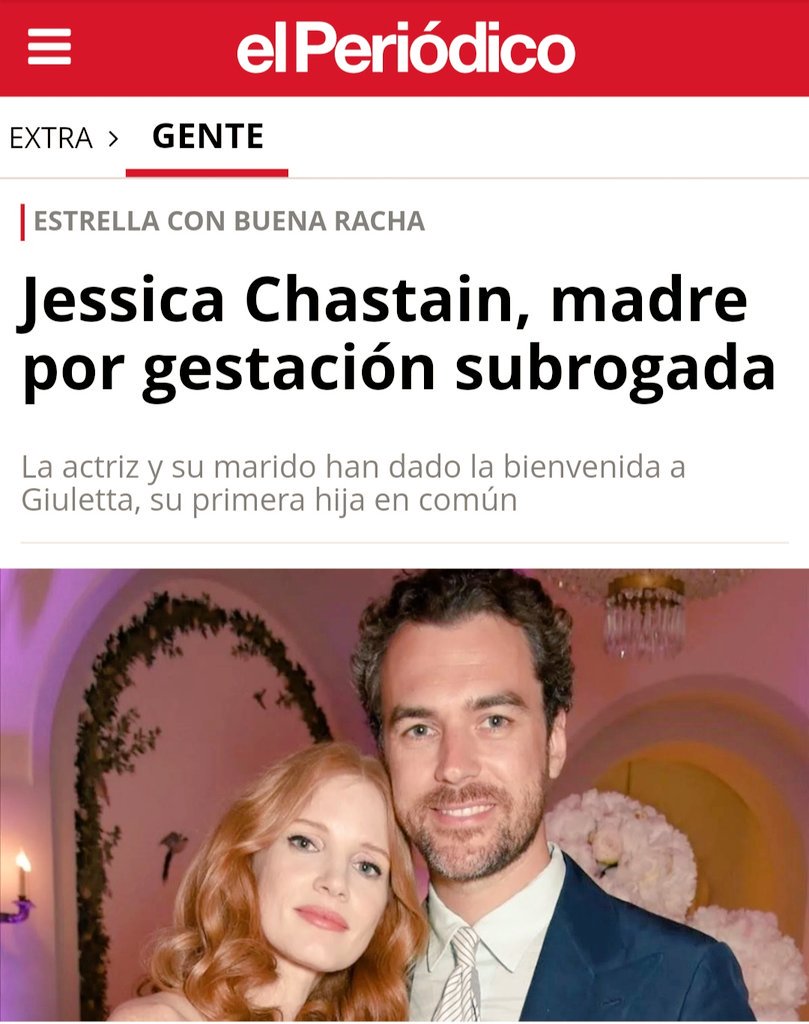 Jessica Chastain y su marido, Gian Luca, han sido padres por #GestaciónSubrogada. ¡Enhorabuena! :)