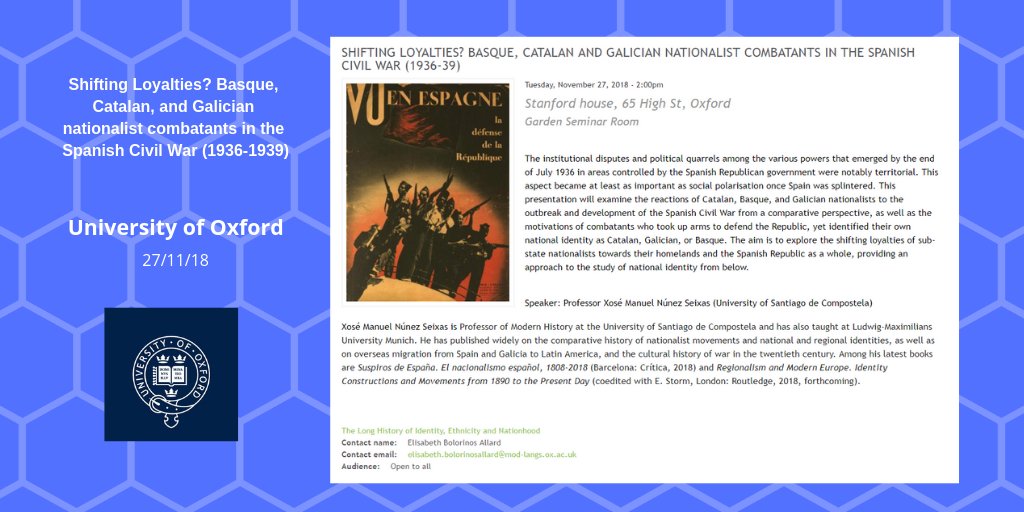 Catexterior's tweet photo. 🗣️ 'Shifting Loyalties? Basque, #Catalan, and Galician nationalist combatants in the Spanish Civil War (1936-1939)'
👨🏫 Xosé Manuel Núñez
📆 27/11 - 14:00
📍 @UniofOxford, The Garden Room, Stanford House, 65 High Street, #Oxford https://t.co/k2Ovhu5wdz
ℹ️ https://t.co/fNJmVpHWqi https://t.co/VvxVyRYGkE