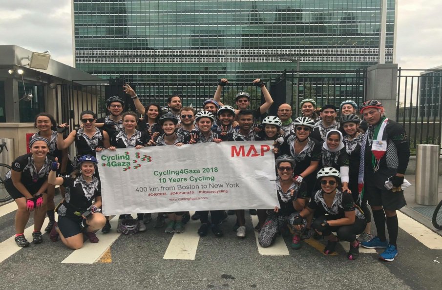 Cylcing4Gaza's 10th Year Celebration Outside the UN HQ New York - mailchi.mp/68b69548f200/c…
