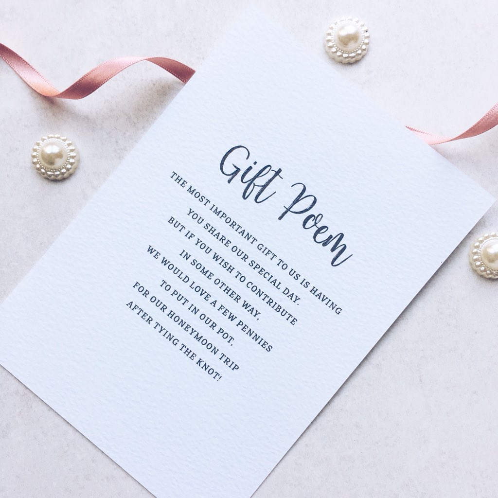 Gift poems are the perfect way to discreetly ask your wedding guests for a contribution towards your honeymoon 💍

We have a number of different examples to help you choose the right poem for you so drop us an e-mail if you need our help

#weddingstationery