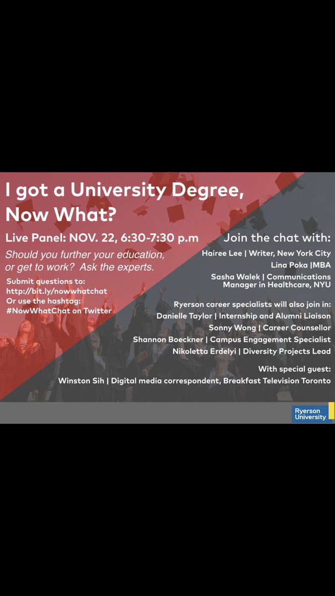 mkrasilczuk's tweet photo. If you are wondering what to do after your degree, join our live chat! #NowWhatChat https://t.co/wkHjKL7DTe