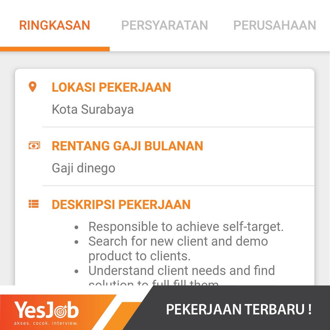 YesJobApp's tweet image. Buat kamu yang ada di Surabaya, ada loker buat kamu disana. Syaratnya kamu punya pengalaman 1 tahun di bidang sales dan biasa dipantau untuk kejar targetnya. Minat? Langsung aja download aplikasi YesJob sekarang! Insya Allah kamulah kandidatnya #hijrah #hijrahbisnis #sales