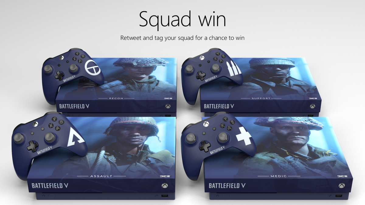 XboxCanada's tweet photo. RT and tag 3 squadmates for a chance to win a custom Xbox One X and other gear inspired by #Battlefield. Ends 12/31/18. #BFVSweepstakes rules: https://t.co/G28P9HC4rc #XboxSquad https://t.co/xz0O88daRL