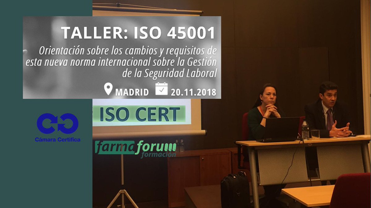 En nuestro taller de hoy presentamos los cambios y requisitos de la nueva norma  ISO 45001 sobre la gestión de la seguridad en el trabajo.

Gracias a <a href="/CamaraCertifica/">Cámara Certifica</a> y a ISOCERT por vuestra colaboración en la puesta en marcha de esta actividad formativa.