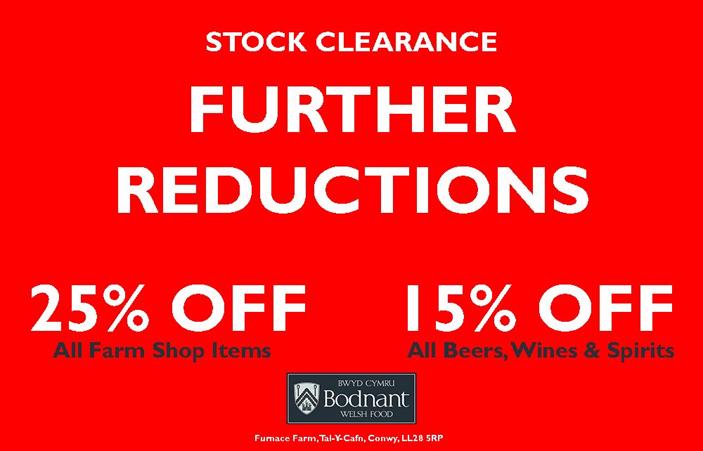 Further reductions in our stock clearance. 25% off marked price on our farm shop items &amp; 15% off all beers, wines &amp; spirits #bodnant