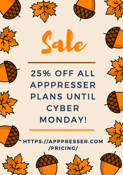 apppresser's tweet photo. Get 25% off any #AppPresser plan now until Cyber Monday! Don’t miss out! 💻📲🍁 https://t.co/DjRcxAf86n