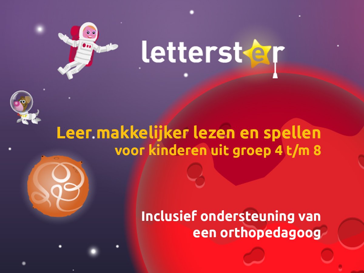 Wij zijn trots op ons nieuwe online oefenprogramma voor kinderen met lees- en spellingachterstanden of dyslexie: Letterster! Kinderen uit groep 4 t/m 8 kunnen in Letterster op een leuke manier thuis oefenen met lezen en spellen. Meer info vind je op letterster.nl