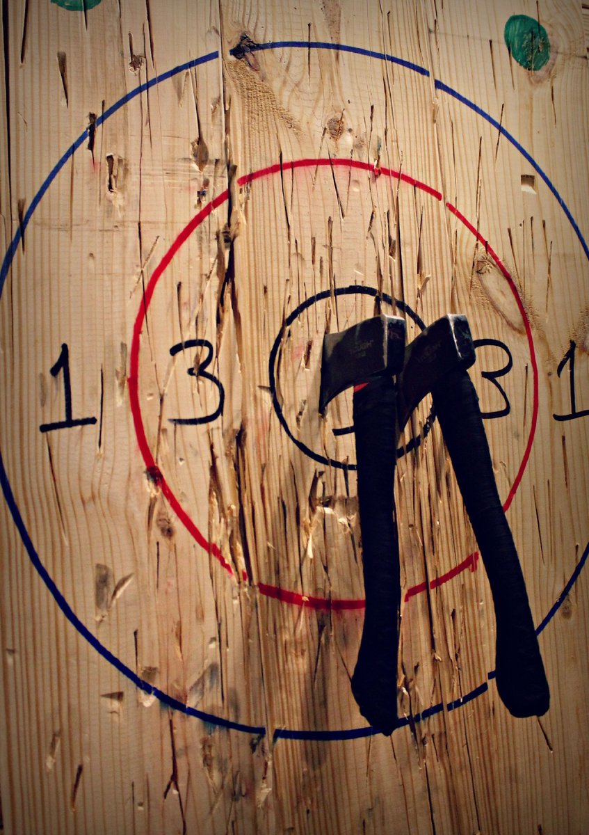 CivilAxeHSV's tweet photo. The aftermath of #trickshottuesday. #civilaxethrowing #doublebullseye #axethrowingtrick #natf #huntsville #campus805 https://t.co/JGVv7CJHG4