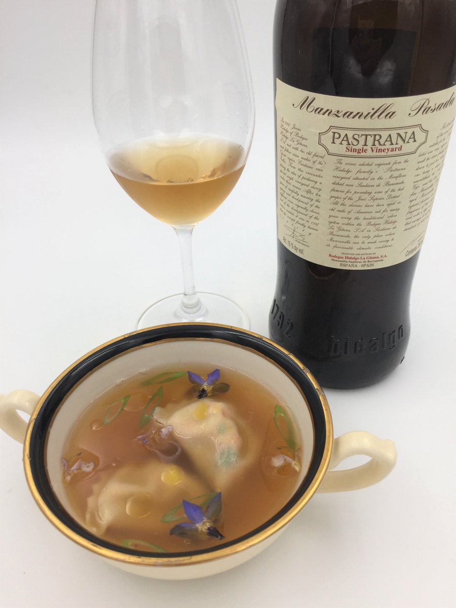 BarVivant's tweet photo. Dish #1 for our #CopadeJerez 2018 entry - Dumplings Swimming in #Sanlucar paired with Hidalgo-La Gitana, Pastrana Manzanilla Pasada. Match made in heaven (or in Spain!) #sherry https://t.co/NE8W4VPzH4