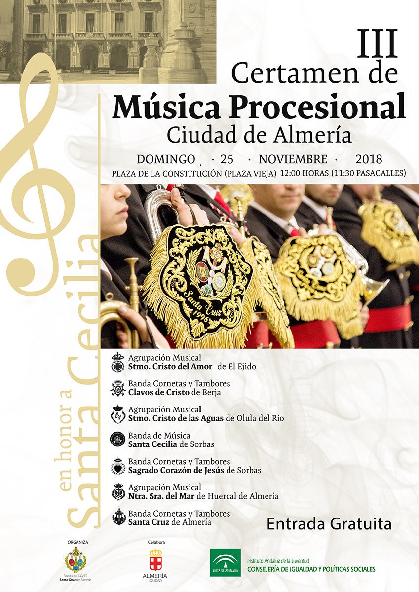 Hoy domingo tenemos una cita musical en Almería con el III certamen de música profesional Ciudad de Almería
Será a partir d las 12.00 h en la plaza del <a href="/aytoalm/">Ayuntamiento de Almería</a>
Participan:
<a href="/BandaSorbas/">B.M. Santa Cecilia de Sorbas</a> 
<a href="/santacruzalm/">Santa Cruz Almería</a> 
<a href="/AMCRISTOLASAGUA/">AM CRISTO LAS AGUAS</a> 
<a href="/cristoamorAM/">AM Cristo del Amor</a> 
<a href="/AGRUPA_MAR/">AM Ntra Sra del Mar</a> 
@ccttsdosorbas 
<a href="/clavoscristoBER/">Bct Clavos De Cristo</a>