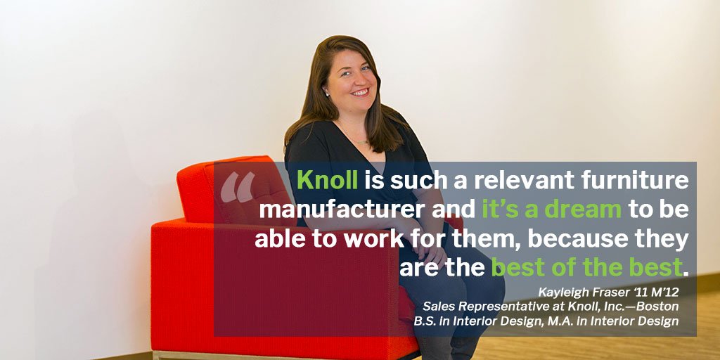 EndicottCollege's tweet photo. Kayleigh Fraser '11 M'12 has found success in her career at @Knoll_Inc after graduating w/ both a bachelors and masters in interior design (sustainability focus) from Endicott #ThisIsEndicott #nasad

About Kayleigh and the Knoll gallery at the VPAC ➡️ https://t.co/jT5ww7fJLM https://t.co/QBvPuUjzYF
