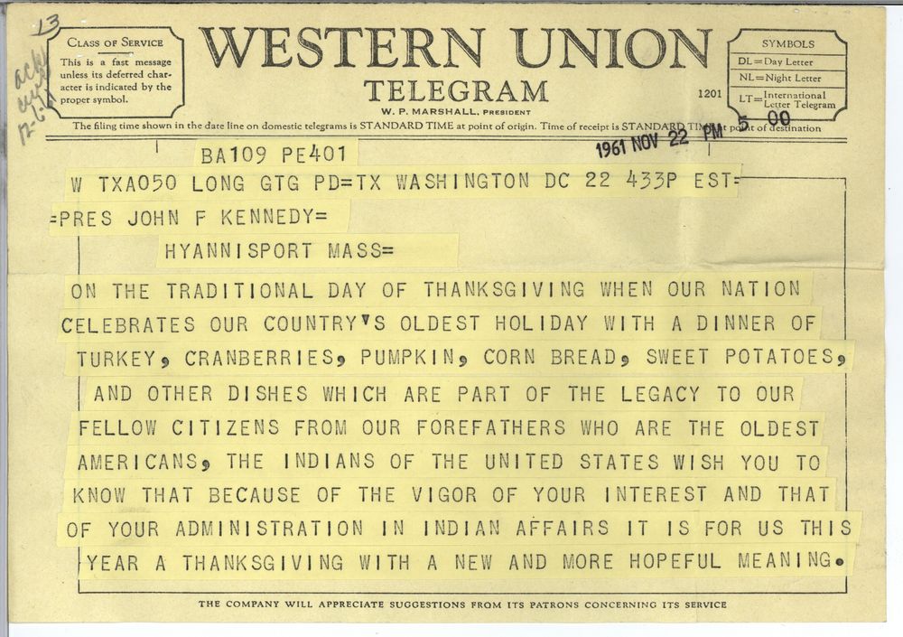 JFKLibraryFdn's tweet photo. JFK received this Thanksgiving telegram from the National Congress of  American Indians in 1961: "We send our warmest wishes for a happy holiday and for a good appetite for [this] feast." #NativeAmericanHeritageMonth https://t.co/0PkBGQMz2k